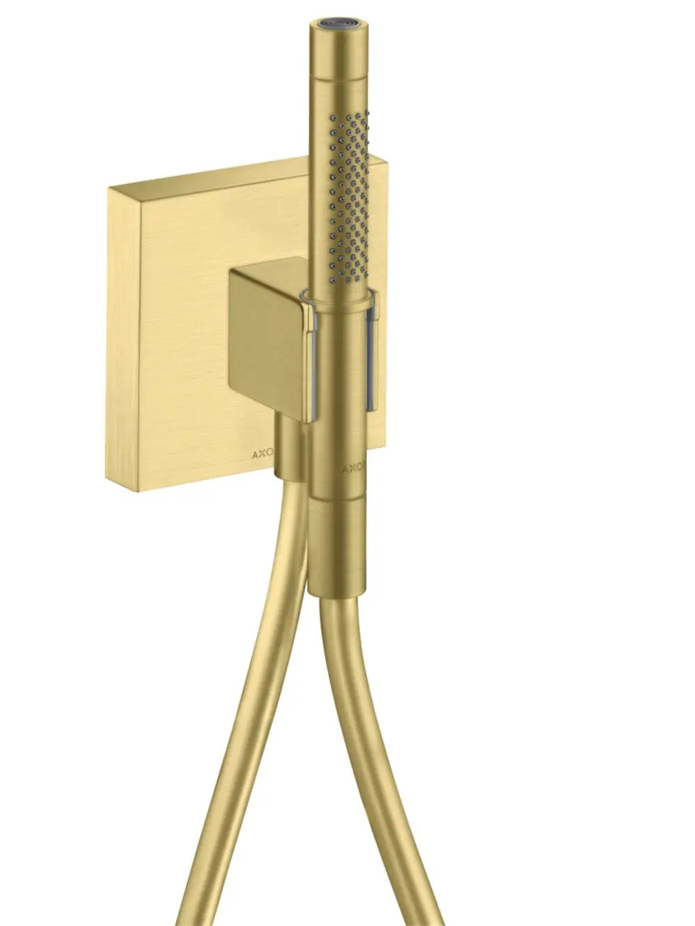 Wandmontierte Handbrause von AXOR in mattem Brushed Brass mit zwei Strahlarten und verbundenem Brauseschlauch. Schlichte rechteckige Halterung.